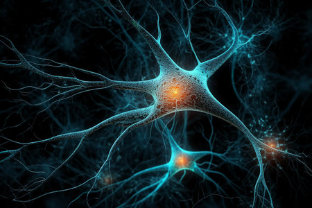 Neurons and neurons in the brain. 3D illustration.の素材