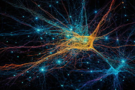 Fractal 3D illustration of a neuron on black background.の素材