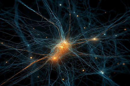 3D illustration of neuron cell with neurons and electrical pulses, computer generated abstract backgroundの素材