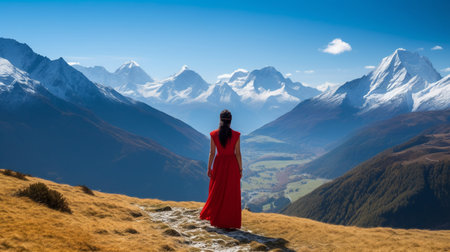 Beautiful woman in long red dress with mountains in the background.の素材