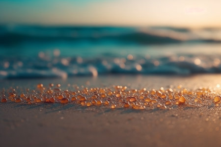 Water drops on the beach at sunset. Shallow depth of field.の素材