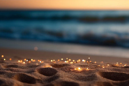 Christmas lights on the sand at the beach at sunset. holiday conceptの素材