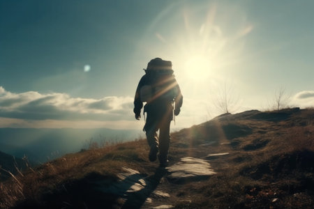 Silhouette of a man with backpack walking on a mountain trail.の素材
