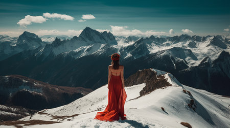 Beautiful woman in long red dress on the background of snowy mountainsの素材