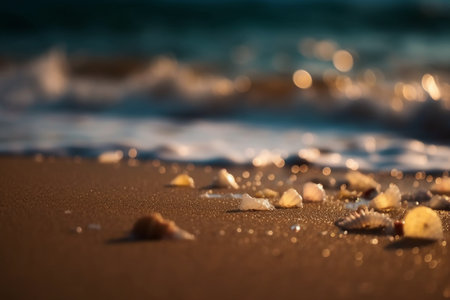 Seashells and sand on the beach at sunset. Selective focus.の素材