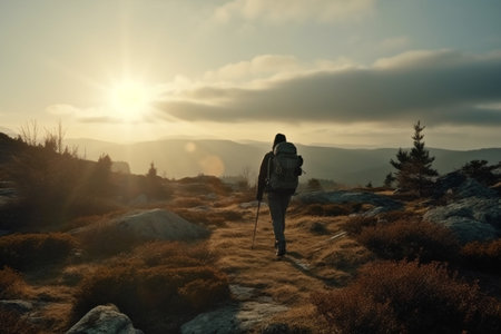 Hiker on the top of the mountain at sunset. Man with backpack and trekking poles.の素材