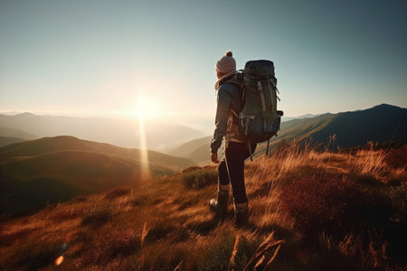 Backpacker hiking in the mountains at sunset. Travel and adventure conceptの素材