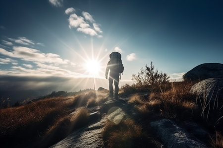 Hiker with backpack standing on top of a mountain and enjoying the viewの素材