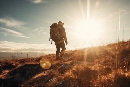 Hiker on the top of a mountain with a backpack and enjoying the viewの素材