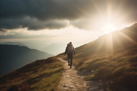 Hiker with backpack walking on the trail in the mountains at sunsetの素材