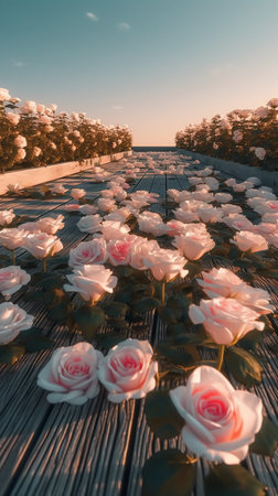 Roses growing in a row on a wooden terrace at sunsetの素材