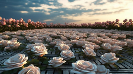 3d render of rose flower in the garden at sunset time.の素材
