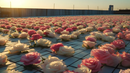 Roses on the bridge at sunset. The background is blurred.の素材