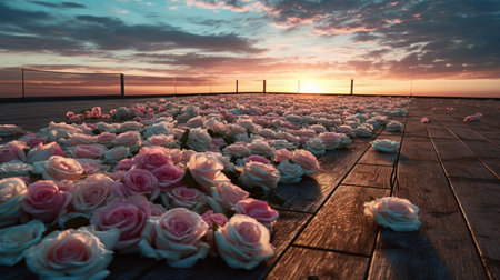 Roses on a wooden walkway at sunset in the Netherlands.の素材