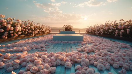 3d render of a lot of pink roses in the garden at sunsetの素材