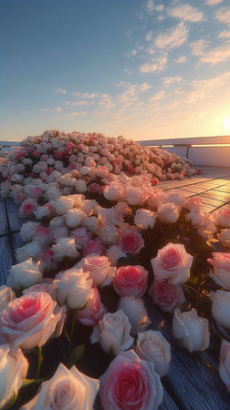Bouquet of pink and white roses on a wooden pier at sunsetの素材