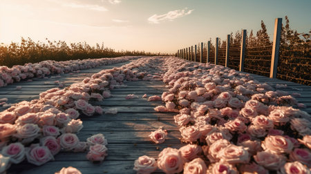 Roses in a row on a wooden walkway at sunset.の素材