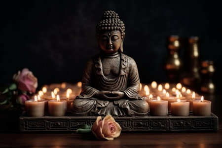 Buddha statue with candles and flowers on a dark background.の素材