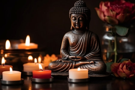 Buddha statue with candles and flowers on black background, closeupの素材
