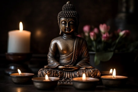 Buddha statue with candles and tulips on dark background.の素材