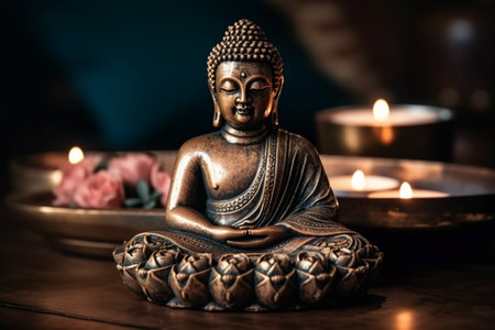 Buddha statue and candles on a dark background. Selective focus.の素材