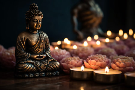 Buddha statue and candles on wooden table with pink flowers.の素材