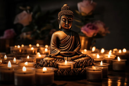 Buddha statue and candles on wooden table with flowers background.の素材