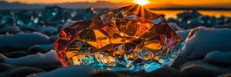 crystal on the beach at sunset. 3d rendering, 3d illustration.の素材