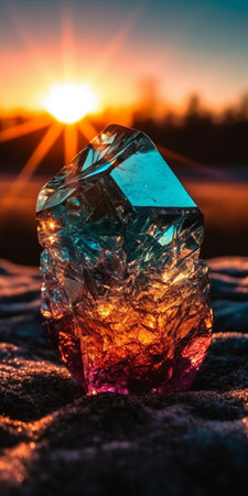 Close-up of a small crystal in the snow at sunset.の素材