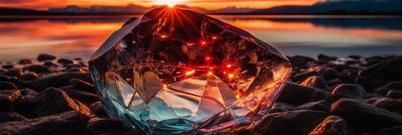 A closeup shot of a glass crystal on the beach at sunsetの素材