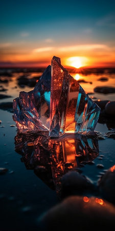 Close-up of ice on the beach at sunset. Beautiful nature backgroundの素材