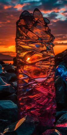 Ice Cube on the Beach at Sunset, Baltic Sea, Poland.の素材
