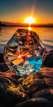 Beautiful sunset on the beach with ice cube and reflection in waterの素材