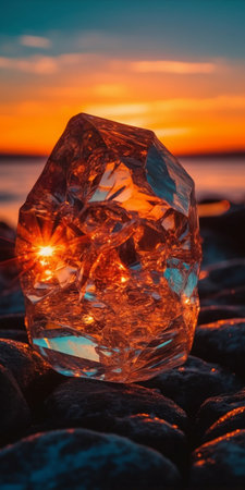 Ice cube on the beach at sunset. Beautiful natural background with copy space.の素材