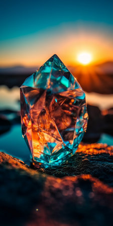 Close up of a crystal on the beach at sunset. Selective focus.の素材