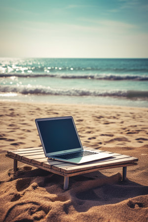 Laptop on the beach with sea in the background - vintage filterの素材
