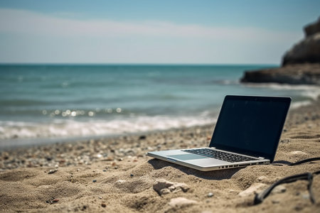 Laptop on the beach with sea and sky background. Copy space.の素材