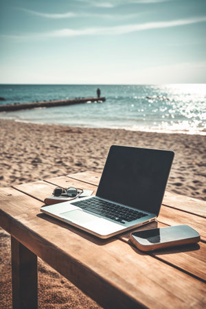 Laptop computer with blank screen on the wooden table near the seaの素材