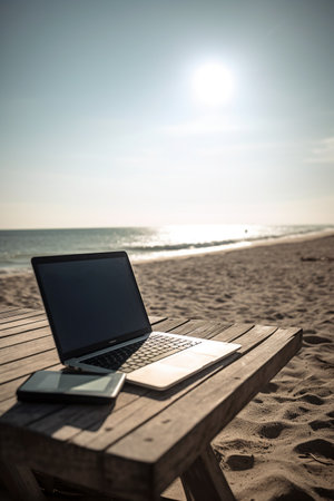 Laptop on a wooden table on the beach with the sea in the backgroundの素材