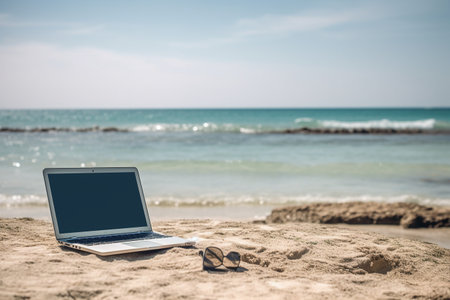 Laptop with blank screen on sandy beach with sea and sky backgroundの素材