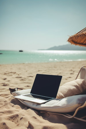 laptop on the beach. Work from home concept. Selective focus. nature.の素材