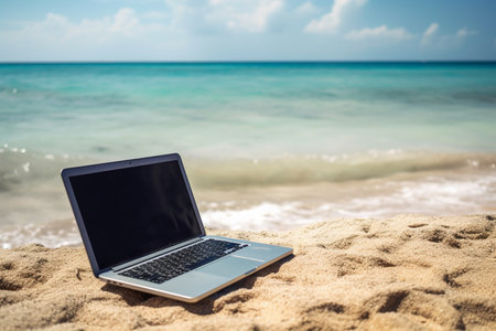Laptop on the beach with blue sea and sky background. Freelance work concept.の素材