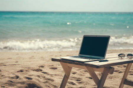 Laptop with blank screen on the beach with sea and sky backgroundの素材