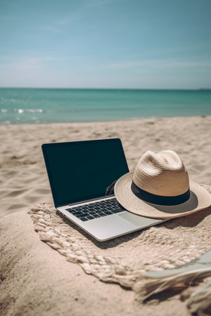 Laptop and hat on the beach. Concept of travel and vacation.の素材