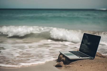 Laptop on sandy beach with sea and waves in the background.の素材