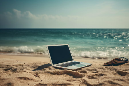 Laptop computer on the sandy beach with sea and blue sky backgroundの素材