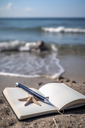 Notebook and pen on the sand by the sea in the summerの素材