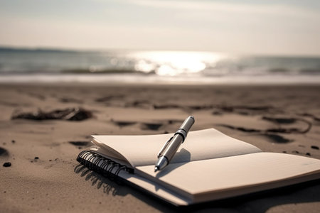Notebook and pen on the beach with sea in the background.の素材