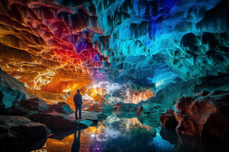 Man standing in a cave. Colorful lights in the cave.の素材