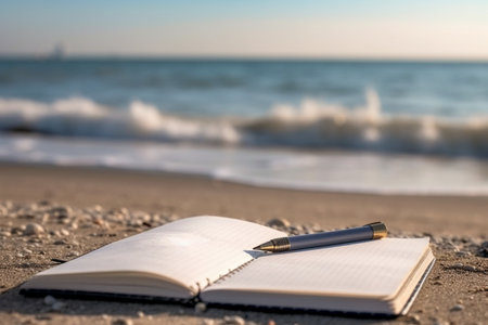 Pen and notebook on the beach with the sea in the background.の素材
